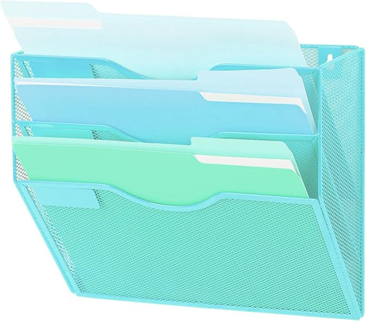 EASEPRES 3 Pocket Mesh Hanging Wall File Organizer, Wall Mounted Mail Paper Document Folder Holder, Clipboard Storage Organization Magazine Rack with Nametag Label for Office Home School, Blue-DeskLoop Office