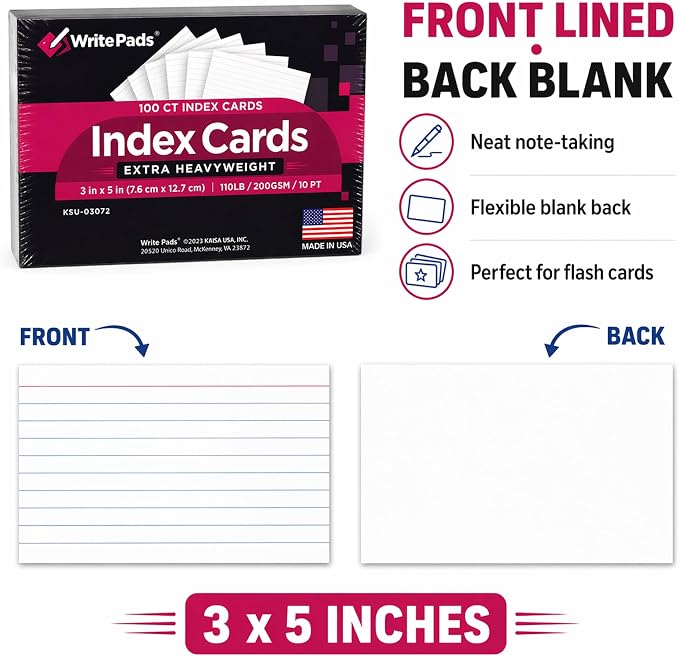 Heavyweight 3x5 Index Cards, Extra Thick Note Cards, Front Lined Back Blank - Image 2