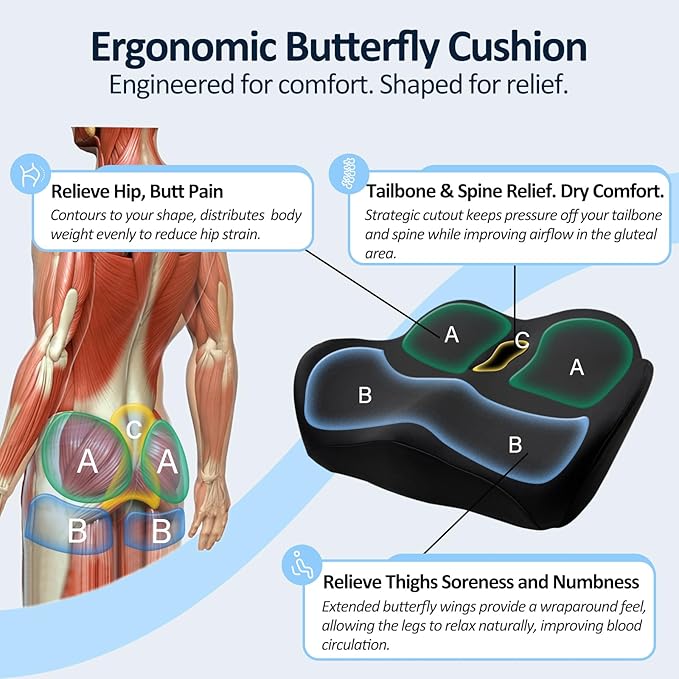 X Large Memory Foam Seat Cushions for Office Chairs, Long Sitting Pressure Relief Ergonomic Office Chair Cushion for Butt Coccyx Tailbone Sciatica, Car Seat Booster for Height (Pure Black)-DeskLoop Office