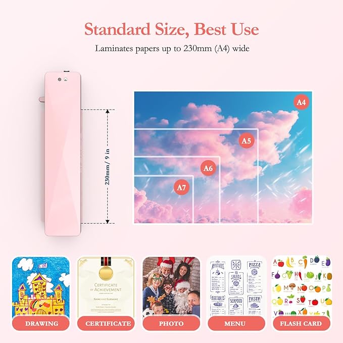 Crenova A4 Laminator Machine 4 in 1 Personal Desktop Hot & Cold with 10 Laminating Pouches No Bubbles 9 Inch Thermal Laminator for Home Office School Business Use Pink-DeskLoop Office