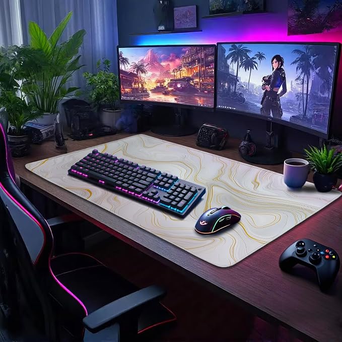 Marble Pattern Large Gaming Mouse Pad 31.5"x15.7"｜ Gold Topographic XXL Desk Mat - Image 2