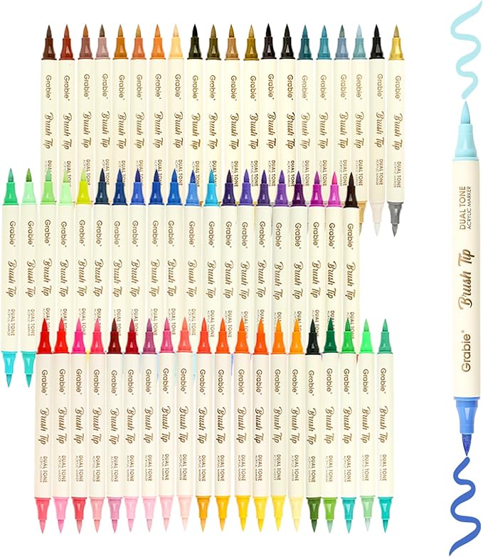 Grabie 120 Colors Dual Tone Brush Tip Acrylic Markers, Dual-Color Paint Markers with 60 Brush Tips, Double Tipped Acrylic Paint Pens for Fabric, Canvas,DIY, Canvas Art Supplies-DeskLoop Office