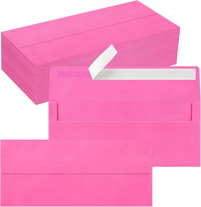 100 Pack #10 Business Envelopes, Self Seal Standard Hot Pink Envelopes by QIKSION