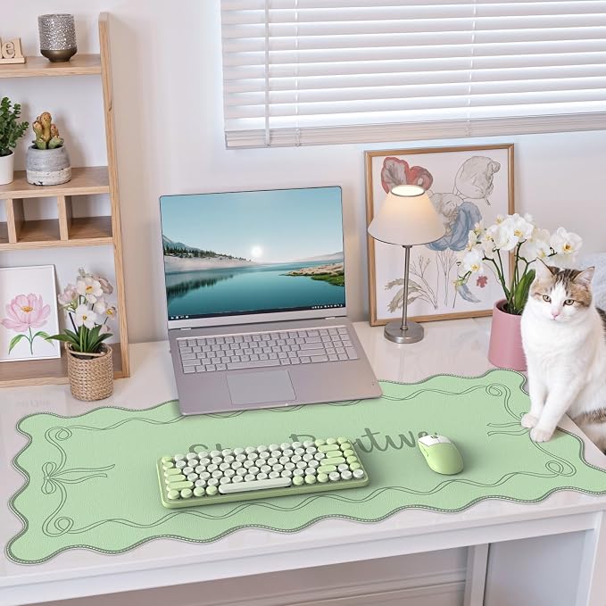 iCasso Green Scalloped Desk Cover Mat, Extra Large Mouse Pad, PU Leather Desk - Image 6