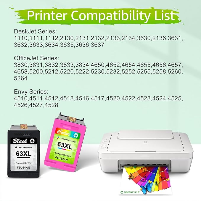 greencycle 63 XL Remanufactured Ink Cartridges Combo Pack Replacement for HP 63XL Compatible for Envy 4520 4512 4516 Officejet 4650 5200 5255 Deskjet 3630 3632 3639 (1 Black, 1 Tri-Color)-DeskLoop Office