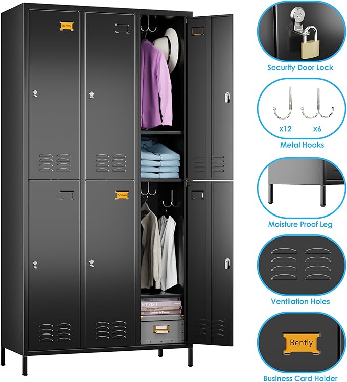 6 Doors Metal Locker for Employees with 18 Hooks and Business Card Holder,Metal Locker with Ventilation Holes for School Garage Office Gym Home,Assembly Required,Black-DeskLoop Office