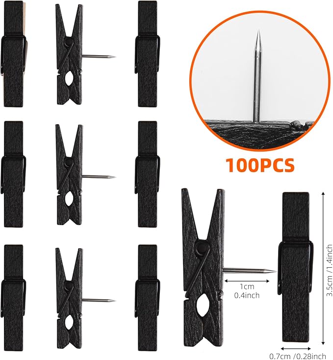 Black Push Pins with Spring-Loaded Wooden Clips, - Image 2