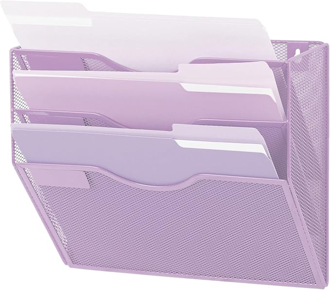 EASEPRES 3 Pocket Mesh Hanging Wall File Organizer, Wall Mounted Mail Paper Document Folder Holder, Clipboard Storage Organization Magazine Rack with Nametag Label for Office Home School, Light Purple-DeskLoop Office
