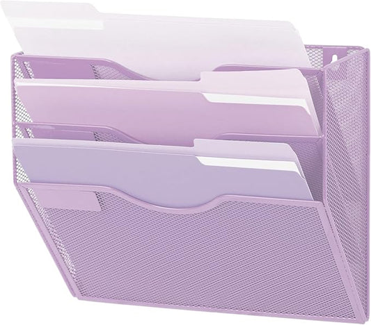 EASEPRES 3 Pocket Mesh Hanging Wall File Organizer, Wall Mounted Mail Paper Document Folder Holder, Clipboard Storage Organization Magazine Rack with Nametag Label for Office Home School, Light Purple-DeskLoop Office