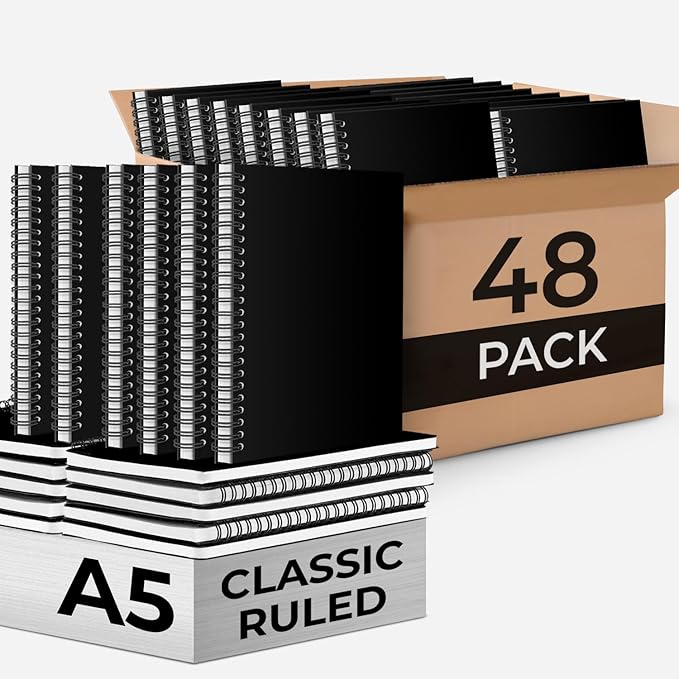 48 Pack Spiral Notebook, 5.8 x 8.3, 120 Pages (60 Sheets),100 GSM Paper Ruled Notebooks, Water Resistant Black Cover, Bulk A5 Journal for Women & Men, Daily Wrting Small Book, School, Office-DeskLoop Office