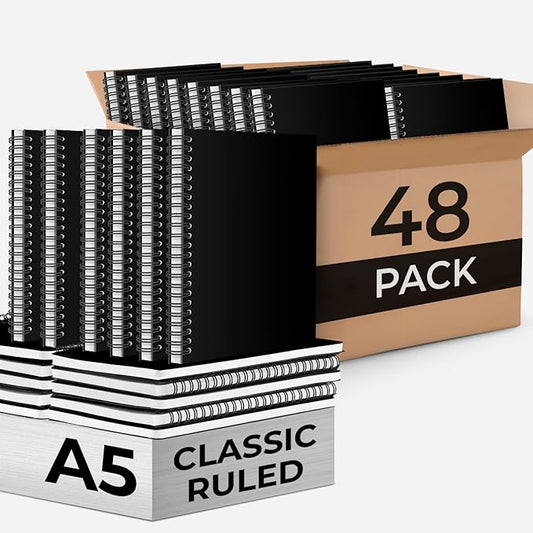48 Pack Spiral Notebook, 5.8 x 8.3, 120 Pages (60 Sheets),100 GSM Paper Ruled Notebooks, Water Resistant Black Cover, Bulk A5 Journal for Women & Men, Daily Wrting Small Book, School, Office-DeskLoop Office