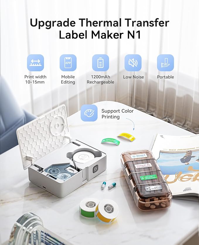 NIIMBOT N1 Label Maker with Tape, Portable Bluetooth Label Printer Support Color Printing, Mini Sticker Labeler Rechargeable for Home Office Small Business Outdoor Storage, White-DeskLoop Office