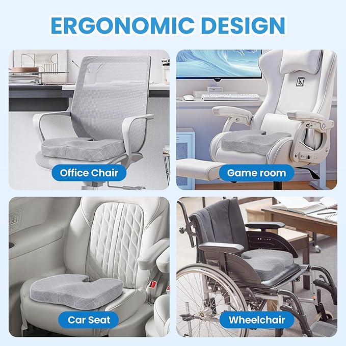 TushGuard Office/Car Seat Cushion, Non-Slip Sciatica & Back Coccyx Tailbone Pain Relief Chair Pad, Memory Foam Butt Pillow for Computer Desk, Wheelchair, Driving (Light Grey)-DeskLoop Office