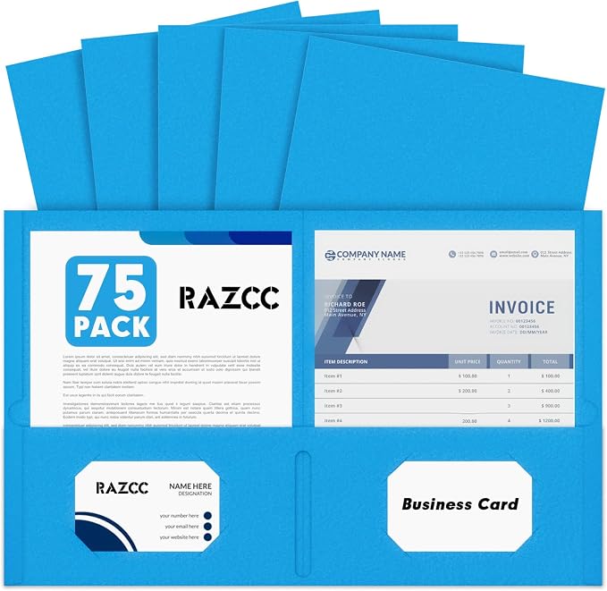 Two Pocket Folders, RAZCC 75 Pack 2 Pocket Folders Fit Letter Size Paper by RAZCC