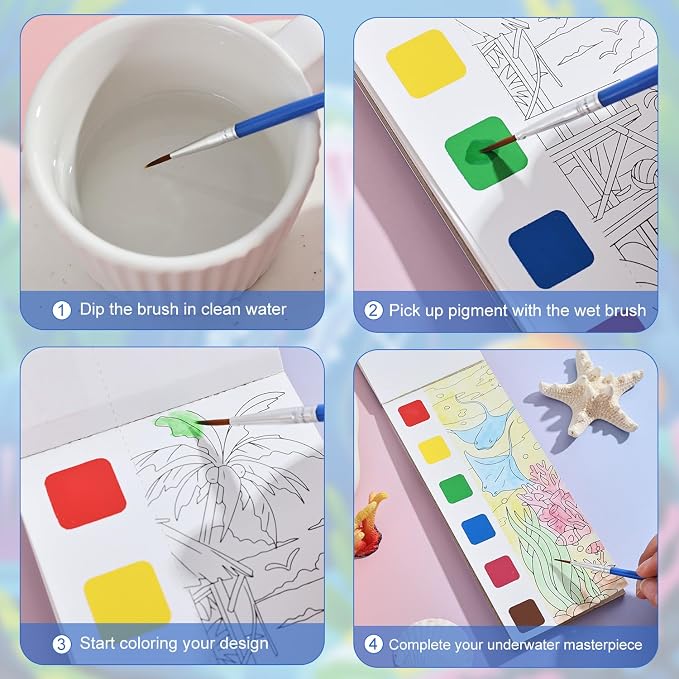 Women's Mini Paint with Water Coloring Book, 12 Pages Sea World Small Coloring - Image 4