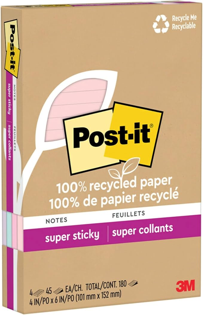 Post-it 100% Recycled Paper Super Sticky Notes, 2X The Sticking Power, 4x6 in - Image 10