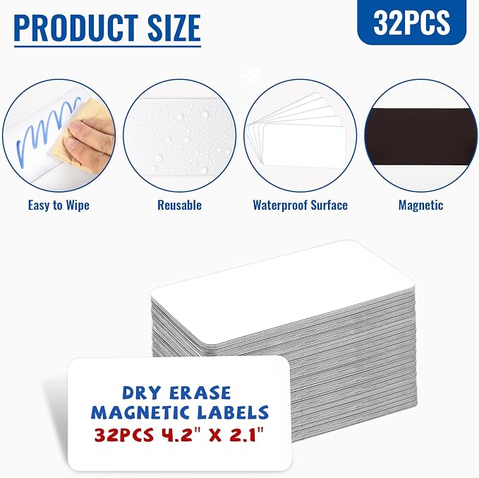 32 Pcs Dry Erase Magnetic Labels, 4.2" x 2.1" White | Reusable Writable - Image 3