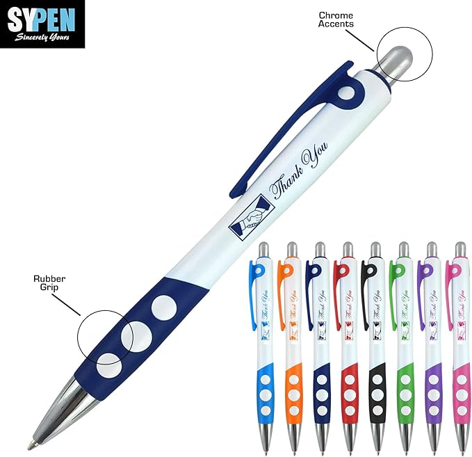 SyPen Personalized Ballpoint Pens With Custom Logo/Text-350 Pack Bulk-for Businesses, Parties, & Events, Custom Printed, White Barrel with Matching Colored Clip and Grip, Click Pens, Black Ink, Pink-DeskLoop Office