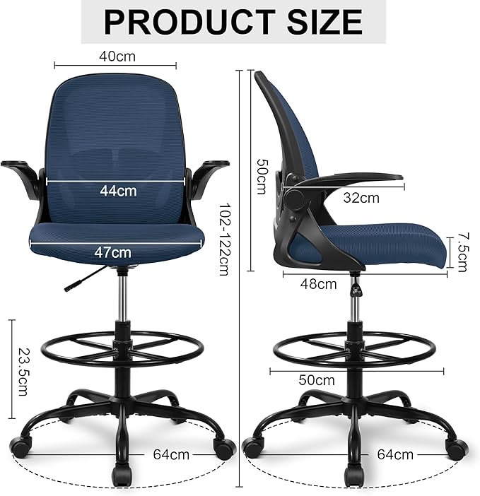 Drafting Chair, Tall Office Chair Ergonomic Standing Desk Chair,with Adjustable Footrest Ring, 3D Lumbar Support, Flip-up Armrests, Swivel Desk Stool for Drawing Working Navy-DeskLoop Office
