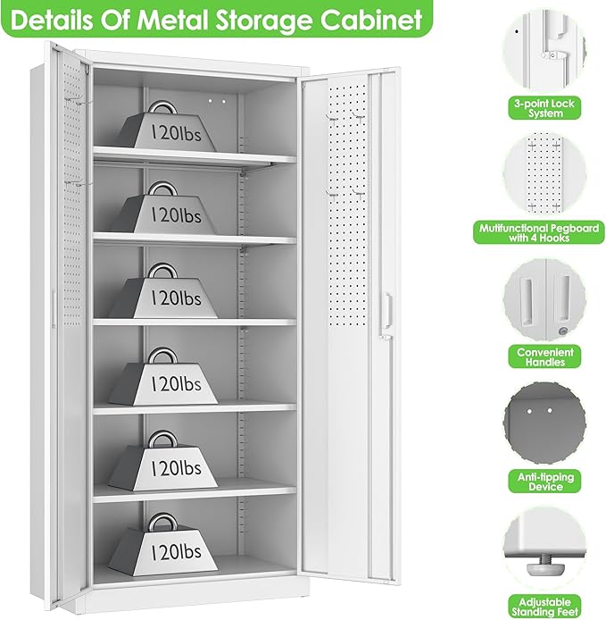 Aobabo Upgraded 71" H×34" W×18" D Metal Garage Storage Cabinet with Pegboards, Lockable Steel Cabinet with 5 Adjustable Shelves and 4 Hooks for Garage, Home, Office, White,Assembly Required-DeskLoop Office