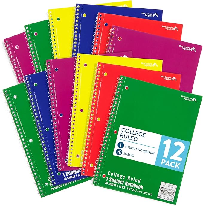 Blue Summit Spiral Notebooks Bulk, One Subject Spiral Notebook College Ruled, Perforated Notebook, 8 x 10.5 for Work and School, Paper, College Ruled, Bulk 12 Pack-DeskLoop Office