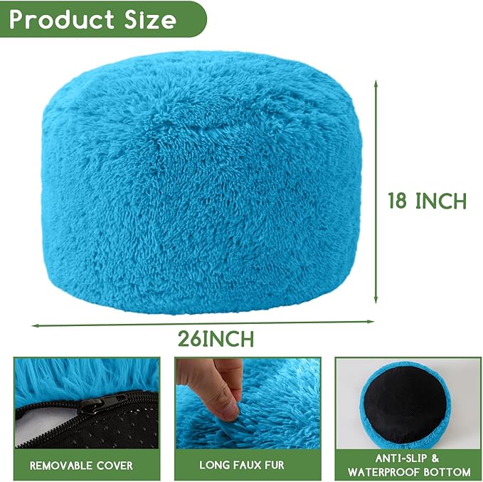 HIGOGOGO Round Stuffed Pouf Ottoman, Long Faux Fur Poufs with Foam Chunk Filling, Fluffy and Furry Pouf Foot Stool Storage Ottoman, 26 X 18 Floor Poufs Foot Rest for Living Room, Blue-DeskLoop Office