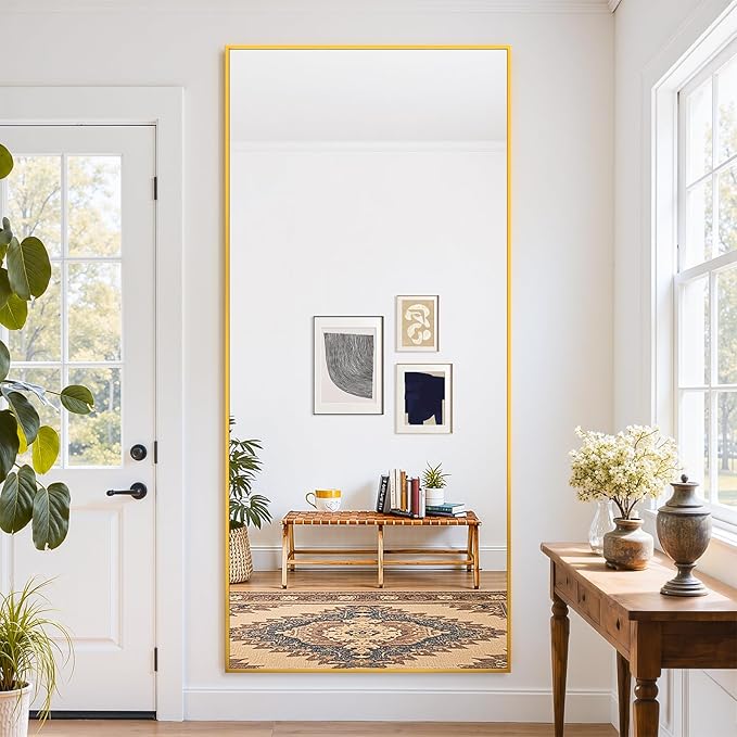 Full Length Mirror, 71"x32" Oversized Floor Mirror Freestanding, Full Body Mirror Floor Standing Mirrors with Stand, Hanging Mounted Mirrors for Bedroom Living Room, Gold, Rect Style-DeskLoop Office