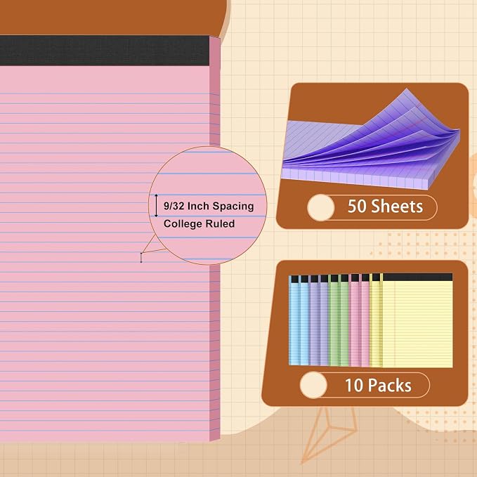 Legal Pads 8.5 X11, Narrow Ruled Notepads, 10 Pack, 50 Sheet/Pad, Colored Legal - Image 3