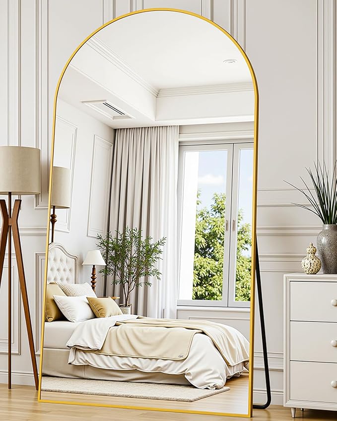 Full-Length Floor Mirror with Stand, 78"x38" Arched Style Full Body Standing Mirror for Bedroom, Living Room, Gym, Dorm - Shatter-Resistant & Easy Assembly, Gold-DeskLoop Office