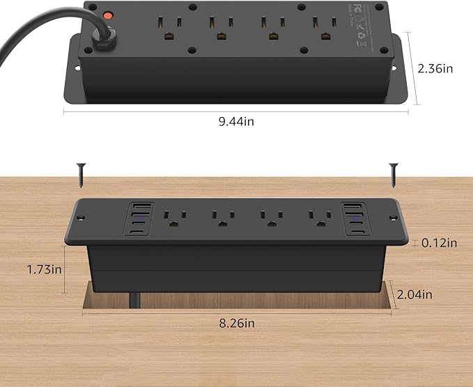 HHSOET 8 Outlet Recessed Power Strip, 30W Fast Charging Furniture Power Outlet USB C, Flush Mount Surge Protection Socket with 4 USB-A and 4 USB-C, 6ft Power Cord. (Black)-DeskLoop Office
