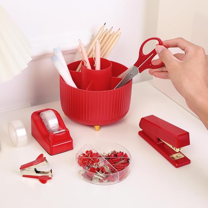SKYDUE Red Office Supplies Set, Desk Accessories, Tape Dispenser, Binder/Paper - Image 2