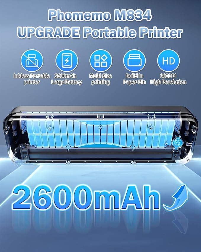 Phomemo M834 Portable Printer Wireless for Travel Upgraded, Bluetooth Thermal Printer 8.5" x 11"&A4, Compatible with iOS,Android & PC,Inkless Mobile Printers for Travel,Office,School,Home,Black-DeskLoop Office