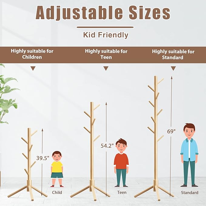 Haddockway Wooden Coat Rack Stand with 8 Hooks New Zealand Pine 3 Adjustable Coat Standing Tree Easy Assembly for Coats, Hats, Scarves and Handbags for Entryway, Hallway, Bedroom, Office-DeskLoop Office