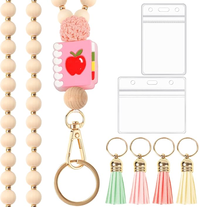 Teacher Lanyard with ID Holder Cute Wooden Beaded Lanyards by BESARME