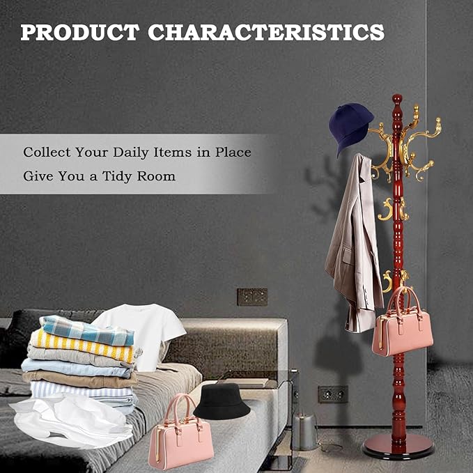 Coat Racks Free Standing with 14 Hooks, Natural Wood Coat Rack with Solid Round Base, Adjustable Height Coat Racks, Easy Assembly for Hallway, Bedroom and Office (Begonia color)-DeskLoop Office