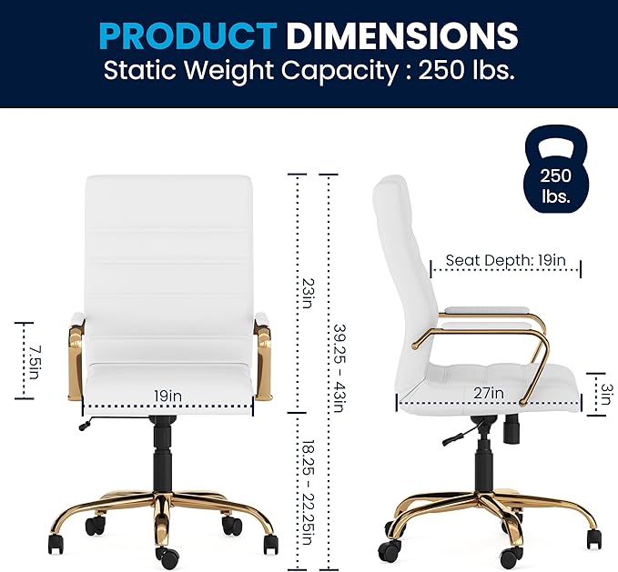 Flash Furniture Whitney Mid-Back Swivel LeatherSoft Desk Chair with Padded Seat and Armrests, Adjustable Height Padded Office Chair, 27"D x 26"W x 43"H, White/Gold-DeskLoop Office