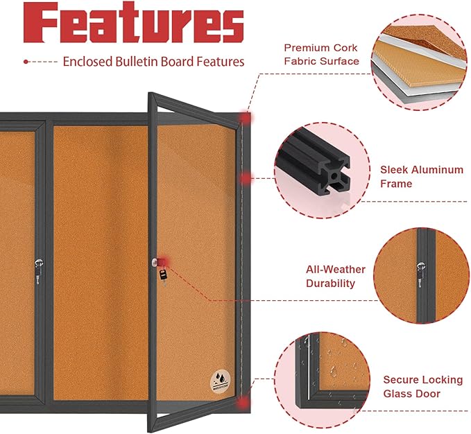 Enclosed Bulletin Board Lockable,Double-Door Weatherproof Outdoor Noticeboard with Locking Door, Wall-Mounted Aluminum Framed Presentation Board, 44x32 Inch (8xA4)-DeskLoop Office