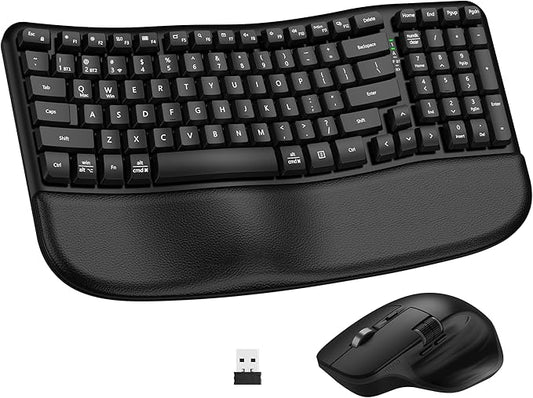 Ergonomic Keyboard and Mouse Combo, Bluetooth/2.4G Wireless Ergo Wave Curved Keyboard with Cushioned Palm Rest and 6 Levels DPI Adjustable Silent Mouse, Multi-Device for Windows/Mac/Android-DeskLoop Office
