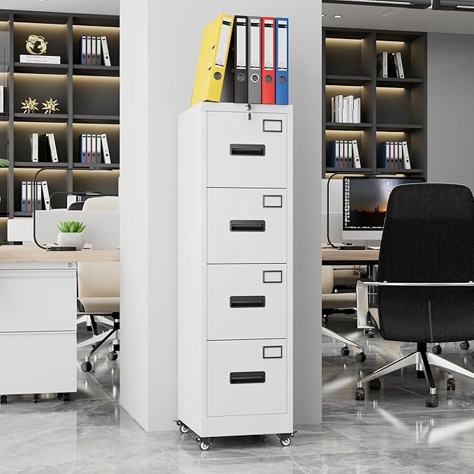 Aobabo 56" H 4 Drawer Moblie Office File Cabinet with Lock, Rolling Metal Filing Storage Cabinet, Legal/Letter A4 Size, White, Assembly Required-DeskLoop Office