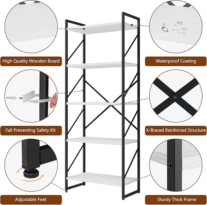 Shintenchi 5 Tiers Bookshelf, Classically Tall Bookcase Shelf, Industrial Book - Image 5