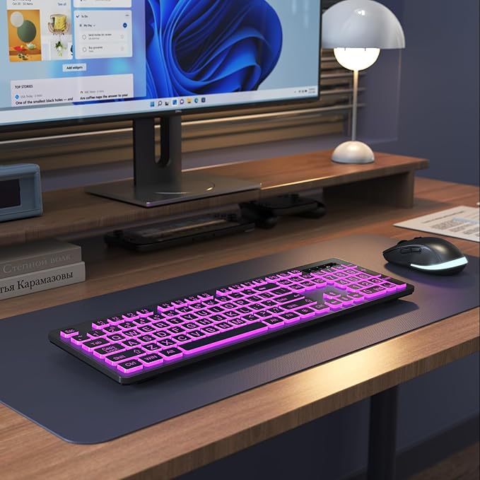 Large Print Wireless Keyboard and Mouse - 7 Colors Backlit Keyboard, Oversize Letters Keys Easy to See and Type, Rechargeable Keyboard and Mouse with Light Up Key, Compatible for PC, Windows, Gaming-DeskLoop Office