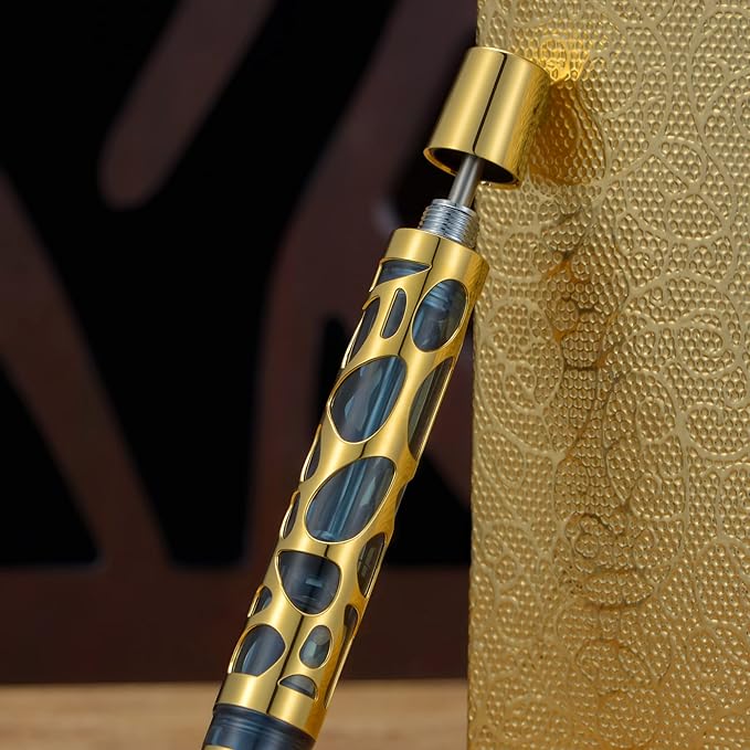 Asvine V169 Vacuum Filling Fountain Pen Medium Nib, Water Drop Skeleton Gold Trim Transparent Gray Blue Acrylic Pen Case Set