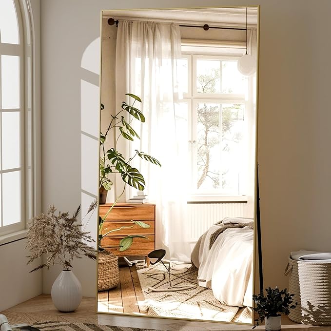 GLSLAND 71"x31" Full Length Mirror Extra Large Hanging or Leaning Rectangle Mirror Aluminum Alloy Thin Frame Bedroom Floor Dressing,Gold-DeskLoop Office