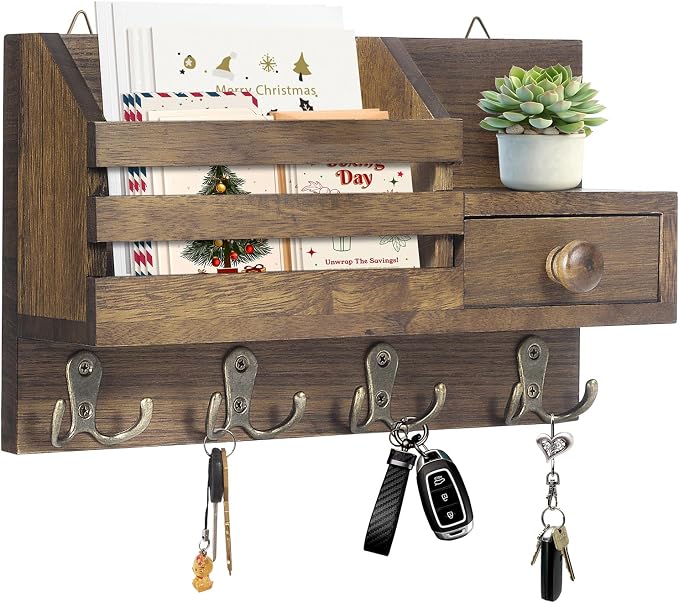 Key Holder Wall Mount, Wooden Adhesive Mail and Key Organizer by HOMEBROS