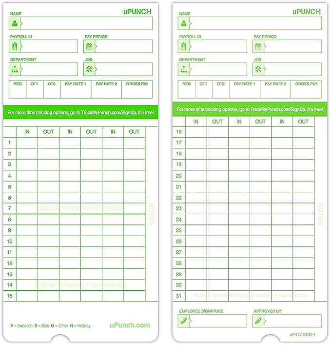 100 uPunch Time Cards for HN3000-DeskLoop Office