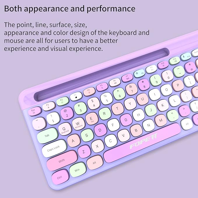 FOPETT Wireless Keyboard and Mouse Combo, 100 Keys Full-Sized 2.4 GHz Round Keycap Colorful Keyboards, USB Receiver Plug and Play, for Windows, Mac, PC, Laptop, Desktop (Purplecolorful)-DeskLoop Office