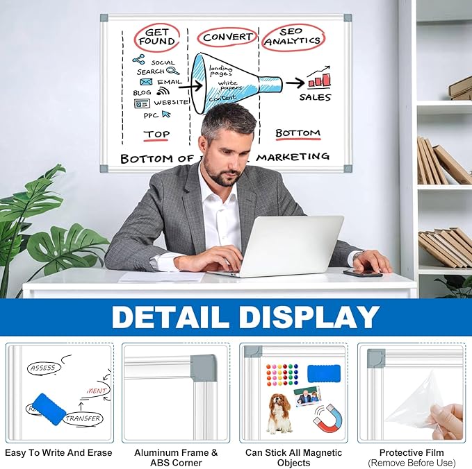 White Board Dry Erase Whiteboard for Wall 36" x 24" (2pcs) Aluminum Presentation Magnetic Whiteboards with Long Pen Tray, Hanging Whiteboard for Office, Meeting Room, Classroom, School & Home-DeskLoop Office