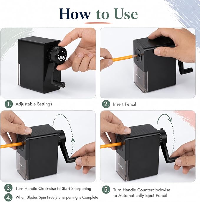 Marie’s Manual Pencil Sharpener, 5 Point Modes, Transparent Shavings Bin - Image 9