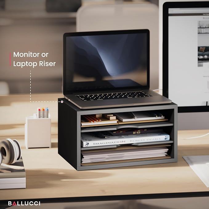 Ballucci File Organizer, 3-Tier Document Paper Sorter, Stackable Wood Desk - Image 4