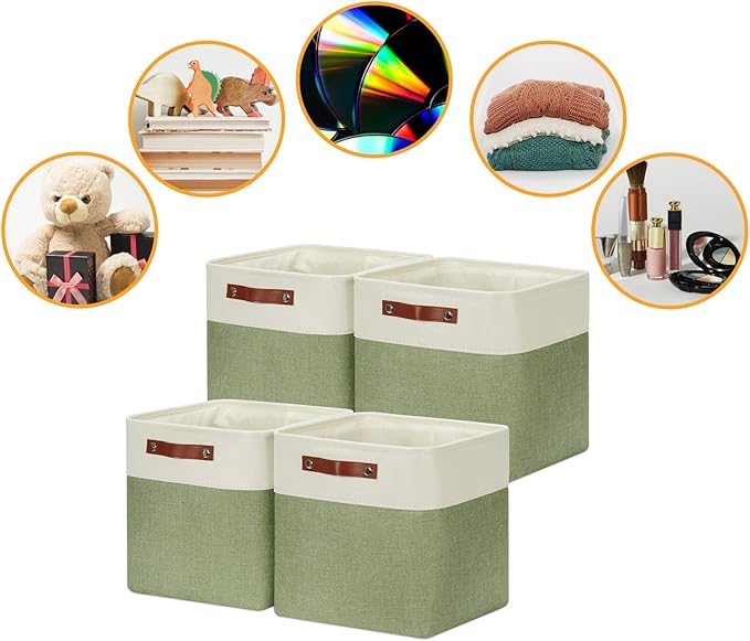 DULLEMELO Storage Basket, Linen Closet Organizers and Storage Baskets for Home Office, Suitable as Dog Toy Box, Baby Gift Basket, 4 Pieces 12x12 Decorative Cube Storage Bins(4 Pack - 12" White&Green)-DeskLoop Office